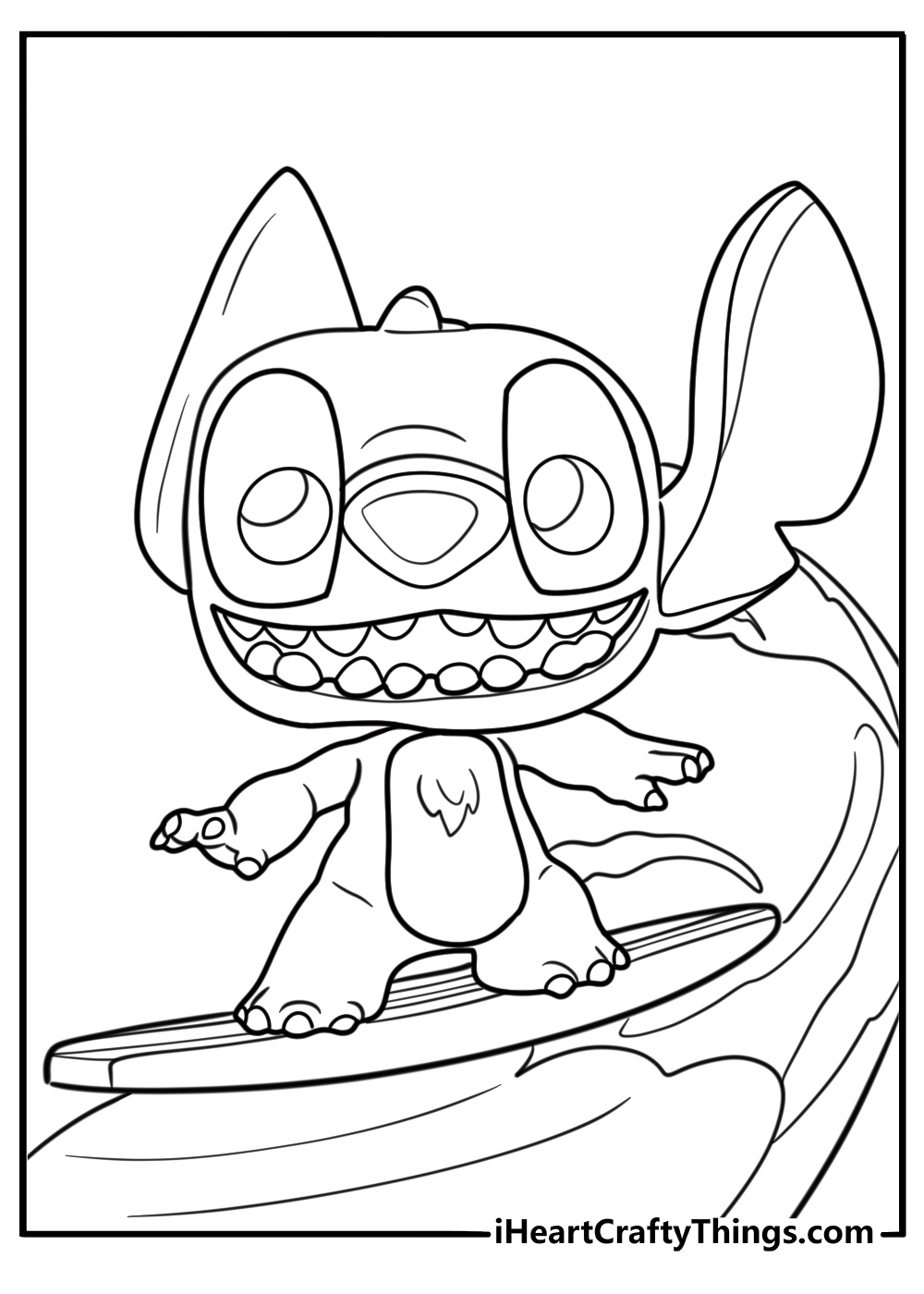Funko Pop Stitch sitting on a surfboard  coloring page