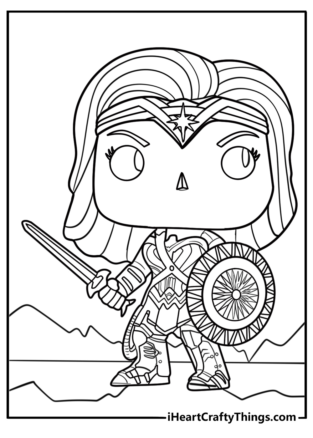 Funko Pop Wonder Woman holding a shield coloring page