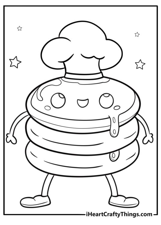 Funny pancake character wearing a chef hat coloring sheet
