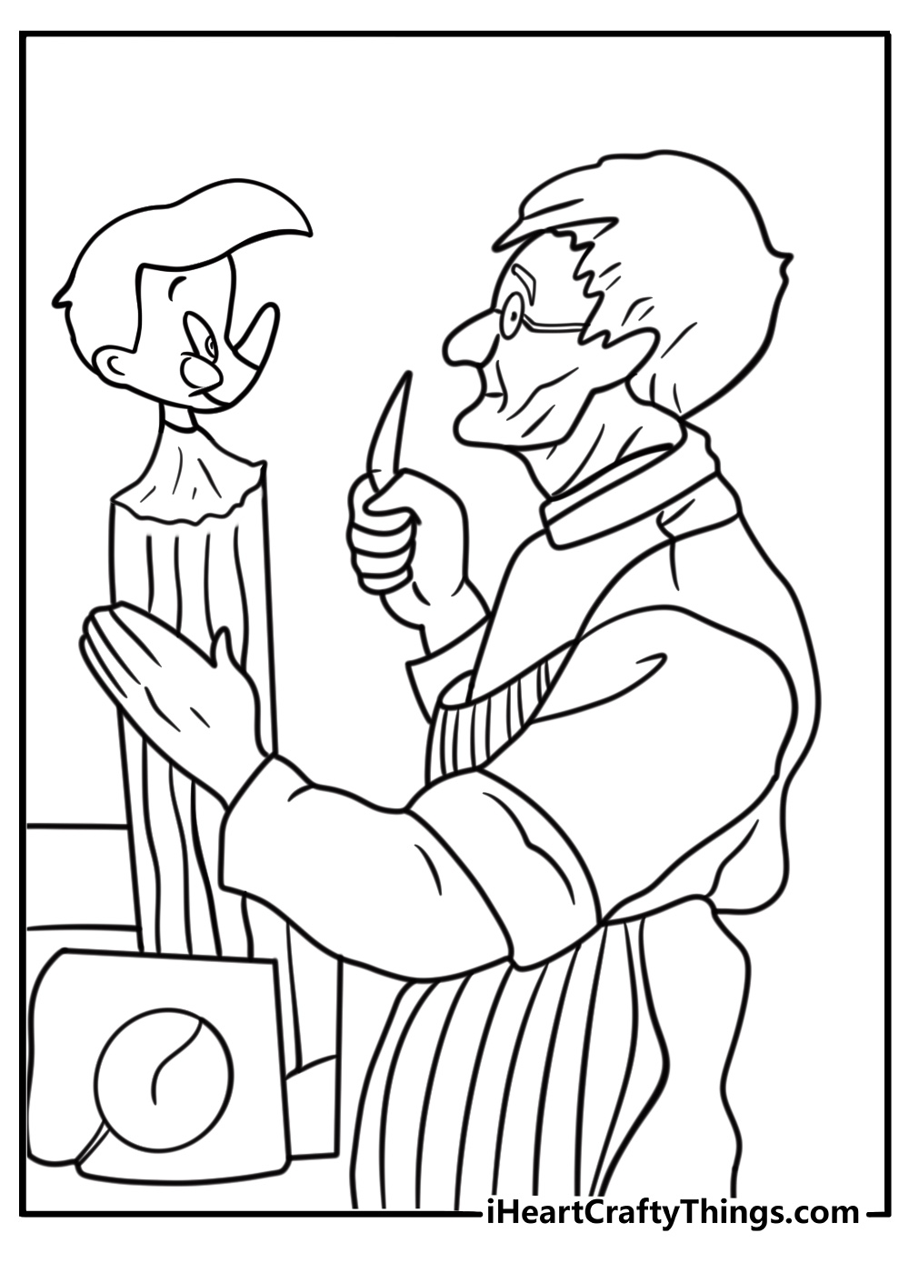 Geppetto carving Pinocchio coloring page