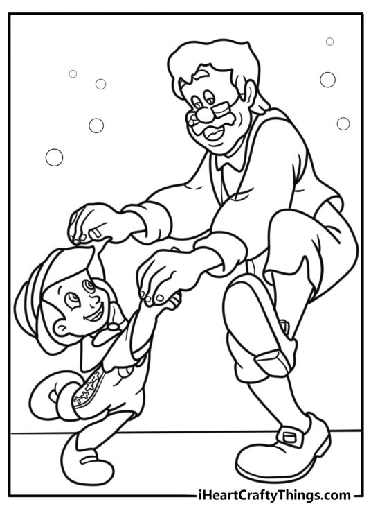 Geppetto dancing with pinocchio coloring page