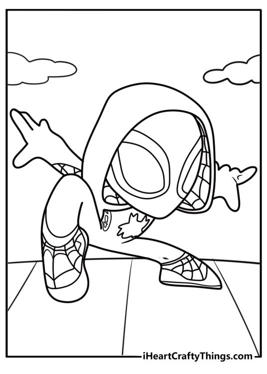 Ghost Spider crouching on a rooftop ready to move coloring sheet