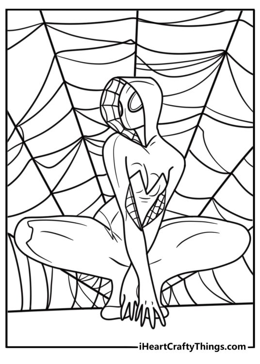 Ghost Spider landing from a swing in dynamic pose coloring page