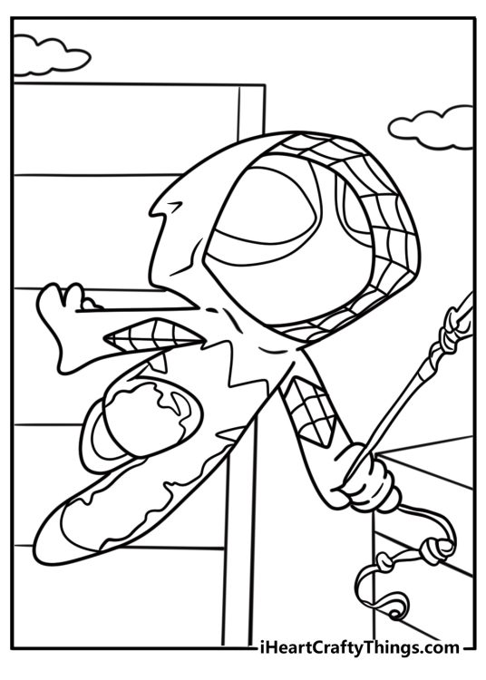 Ghost Spider leaping between buildings with web lines coloring page