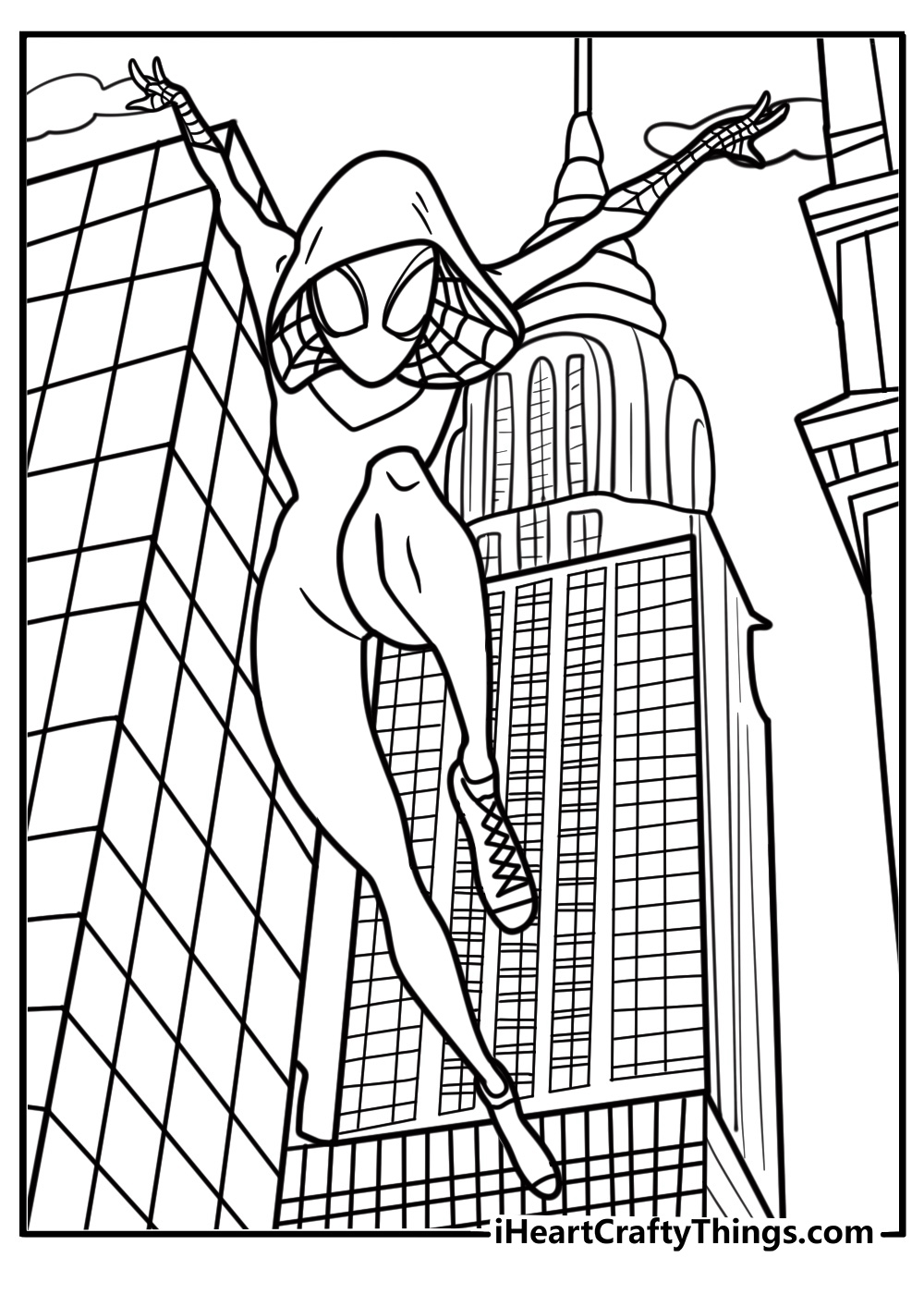 Ghost Spider running on the side of a building coloring sheet