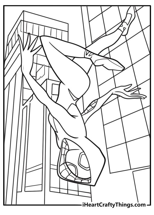 Ghost Spider with city skyline in the background coloring page