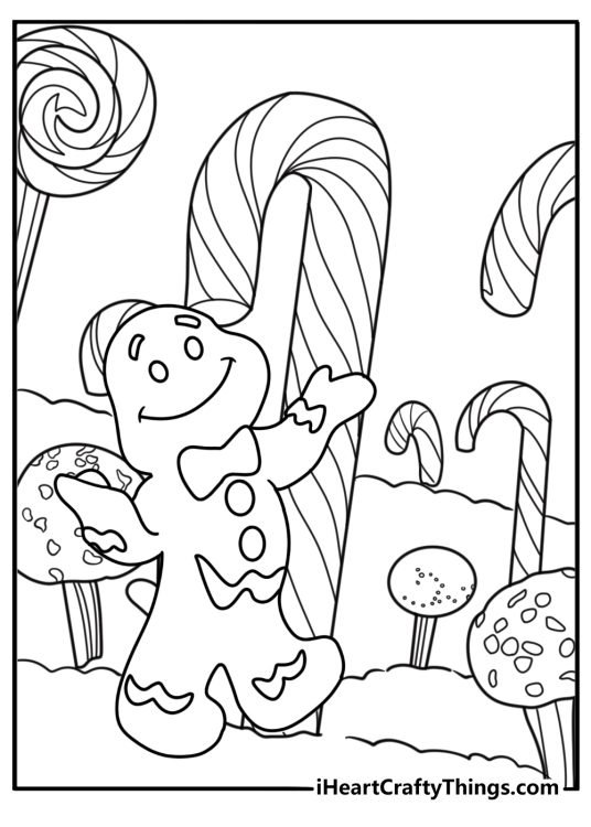 Gingerbread kids walking on the candy path coloring page