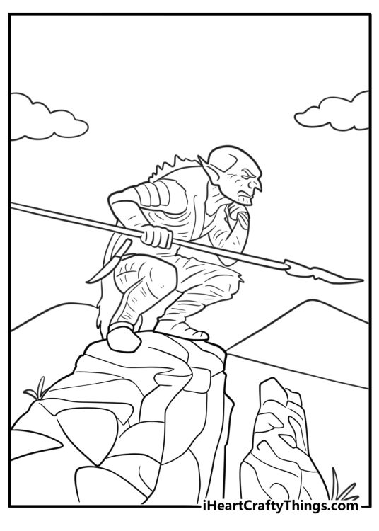 Goblin ambushing from behind rocks with a spear coloring page