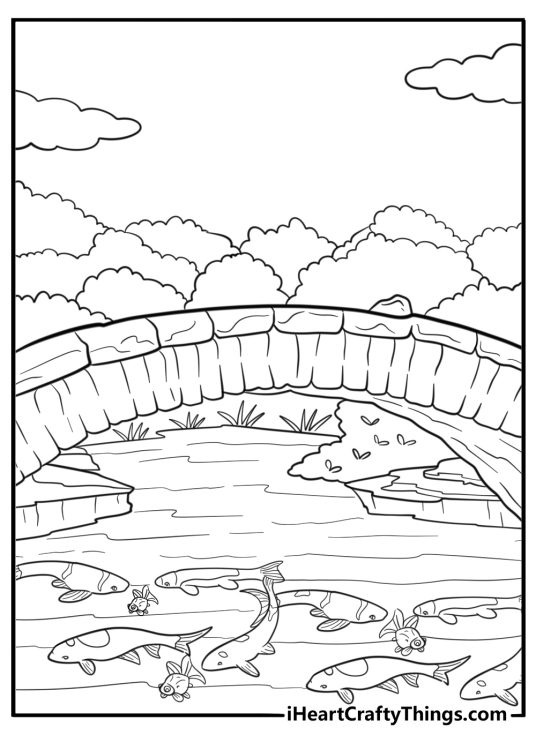 Goldfish gliding under a bridge in a koi pond printable sheet