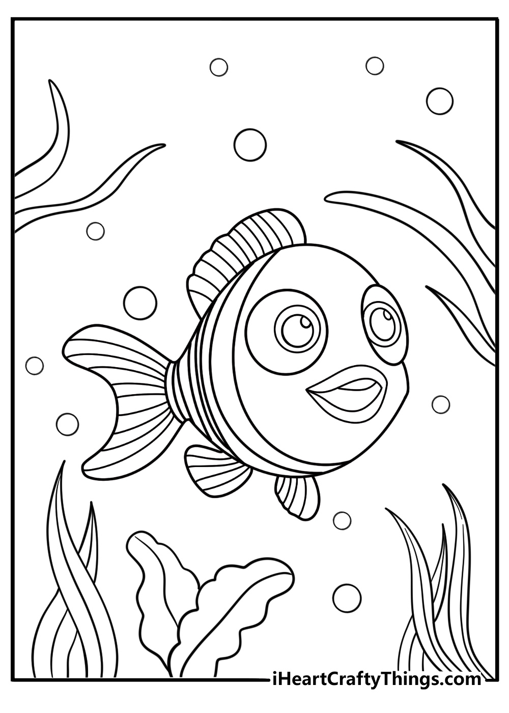 Goldfish hiding behind aquatic plants coloring sheet for kids