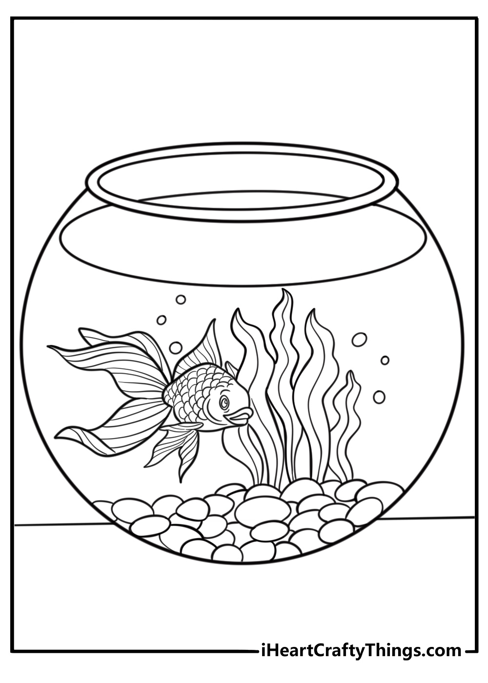 Goldfish in a round fishbowl with pebbles free coloring page pdf
