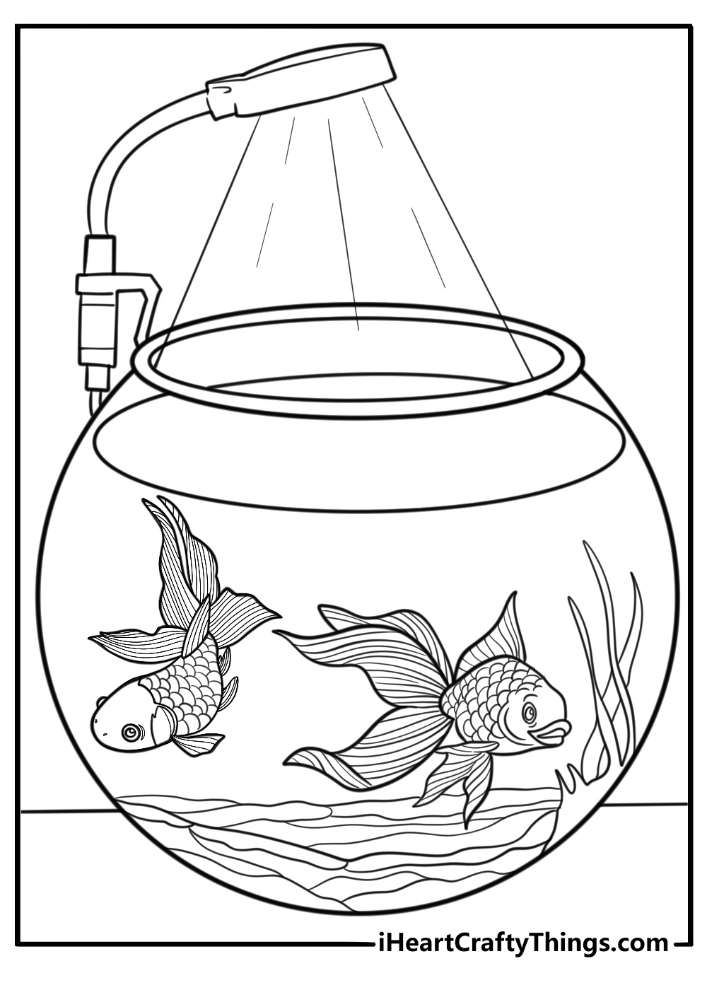 Goldfish in a tank with overhead light shining coloring page