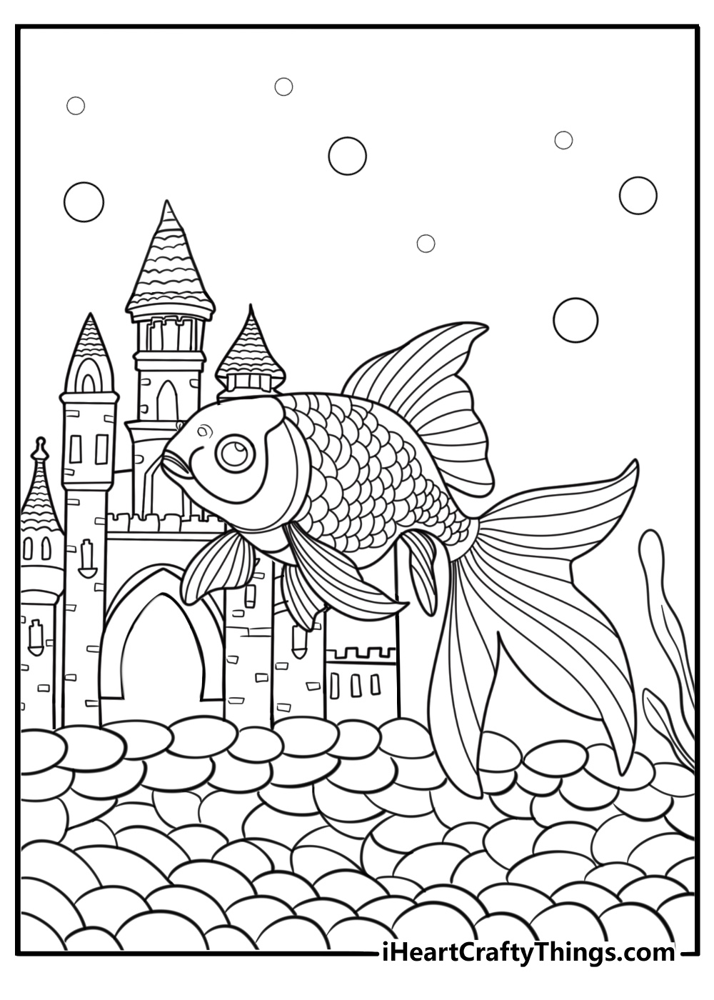 Goldfish next to a castle ornament in a tank printable sheet