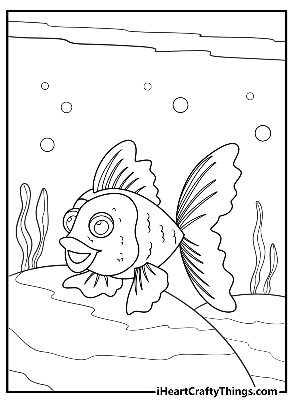 Goldfish resting near smooth rocks at the bottom coloring page