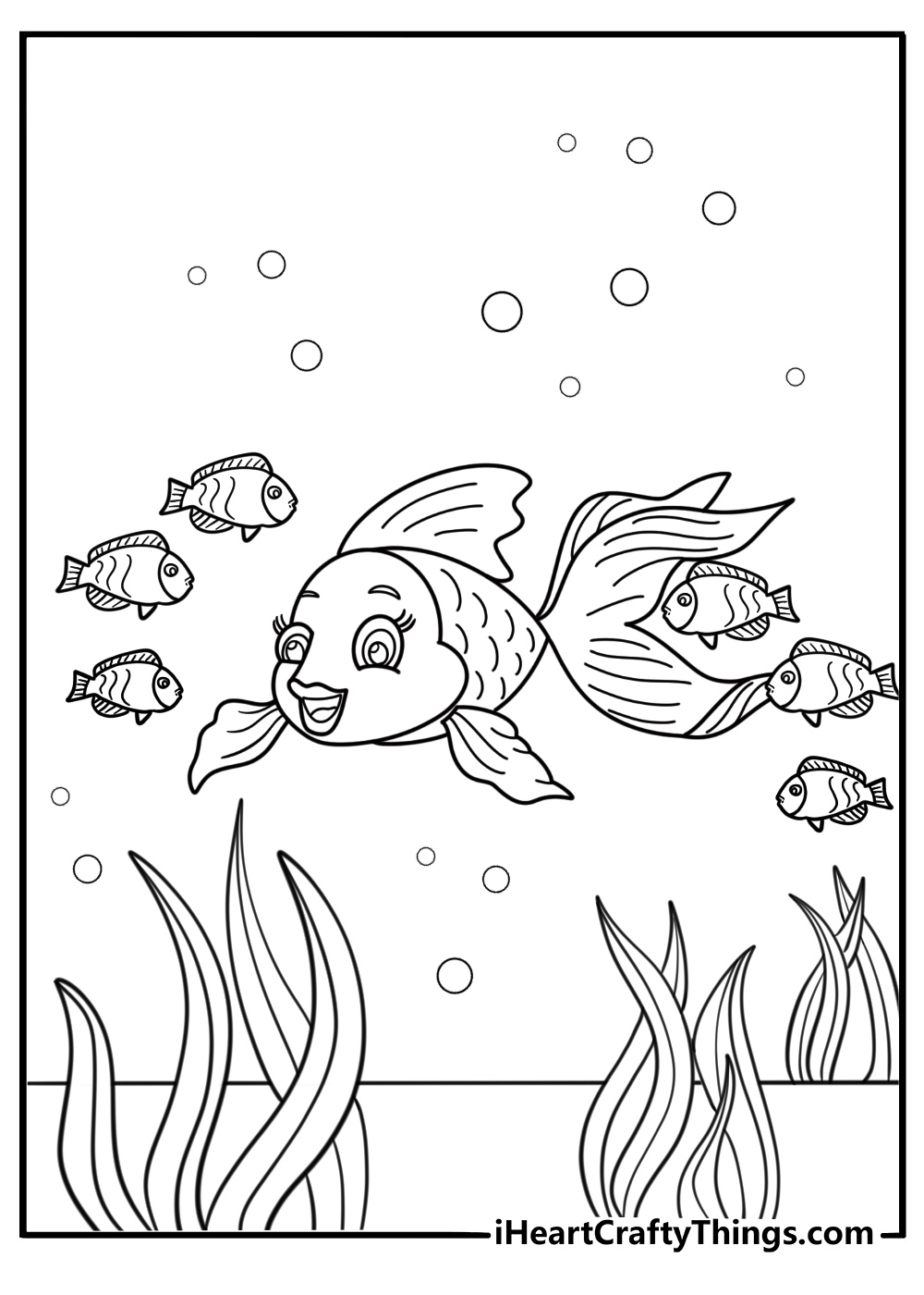 Goldfish surrounded by small schooling fish coloring sheet