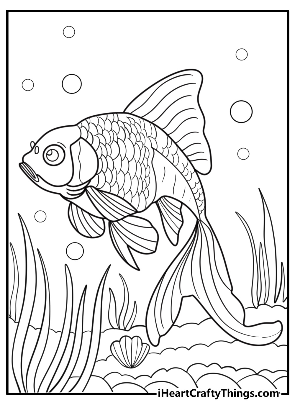 Goldfish swimming through underwater plants coloring page