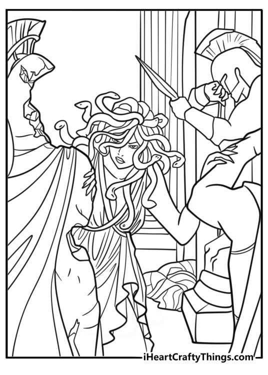 Greek myth Medusa with stone statues around her coloring sheet