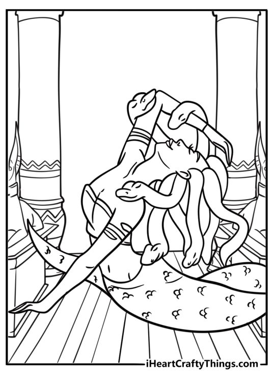Greek temple ruins with Medusa inside coloring sheet