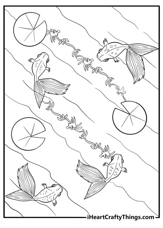 Group of goldfish in a pond with lily pads coloring sheet