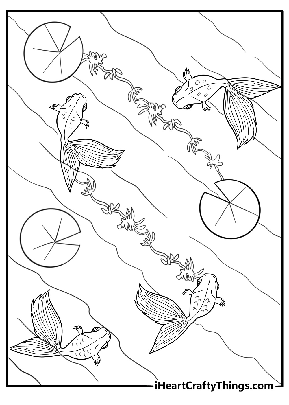 Group of goldfish in a pond with lily pads coloring sheet