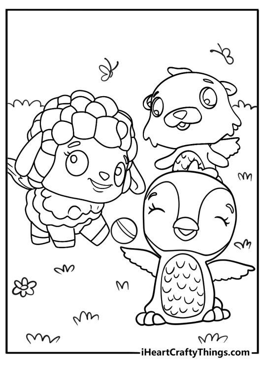 Group of Hatchimals playing together detailed coloring sheet