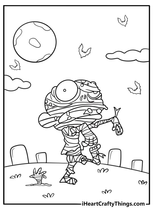 Group of mummies rising in a moonlit graveyard coloring sheet