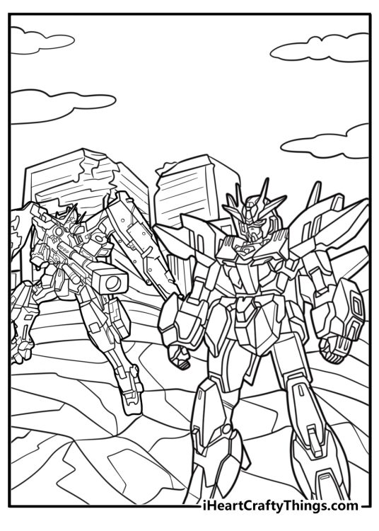 Gundam battle scene in ruined city free printable coloring page