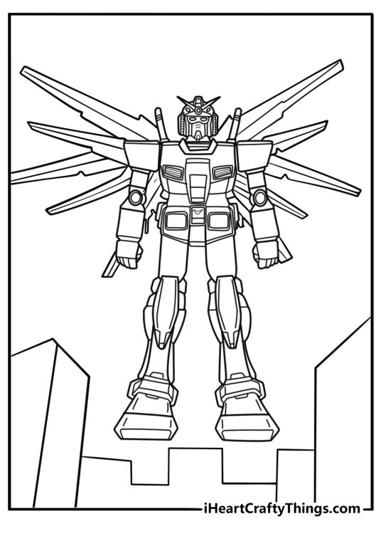Gundam Freedom flying with wings spread coloring page