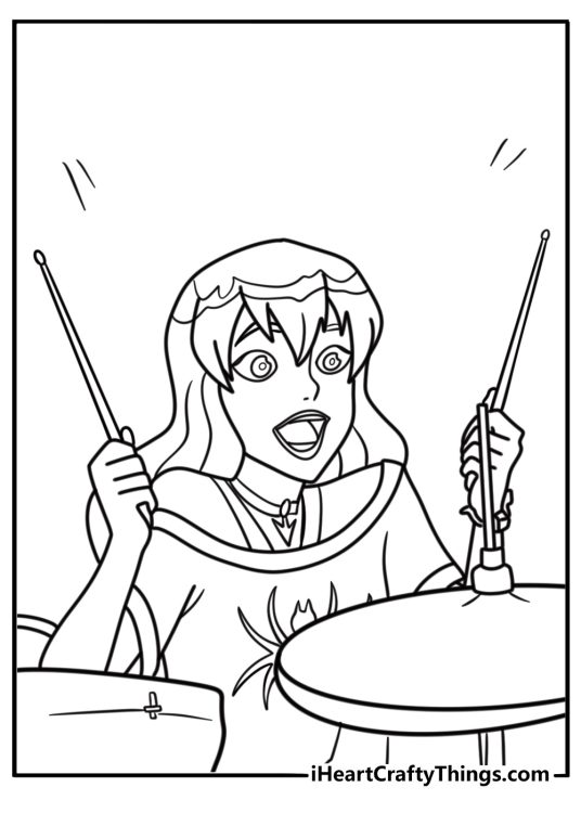 Gwen Stacy playing drums in her room free coloring page pdf