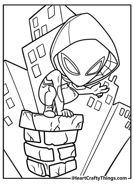 Gwen Stacy sitting on a ledge with her hood up coloring sheet