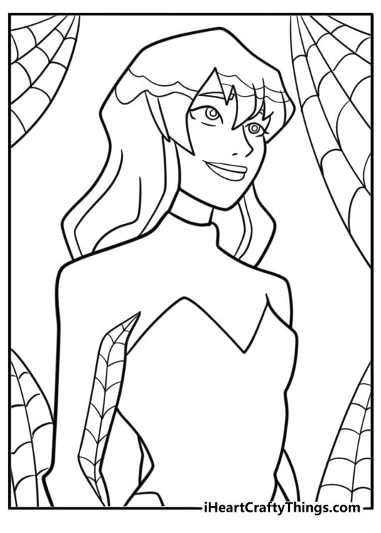 Gwen Stacy unmasked with hoodie down printable coloring sheet