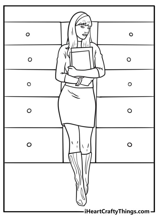 Gwen Stacy walking through school hallway printable coloring sheet