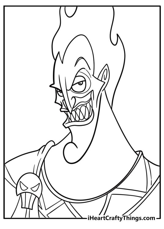 Hades with blue flaming hair and a sinister grin coloring page