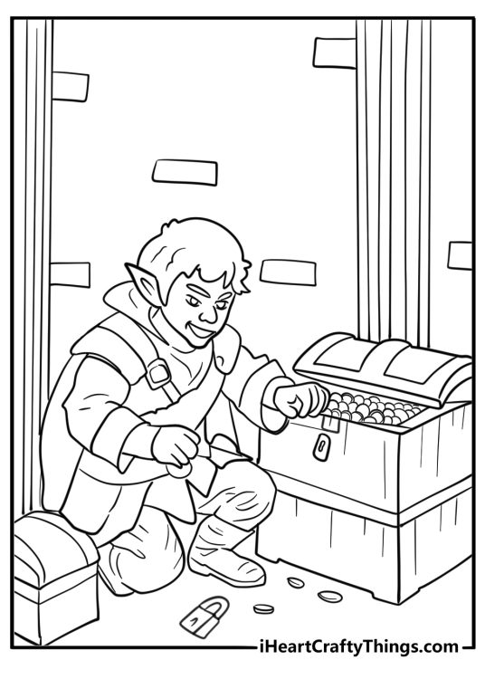 Halfling thief picking a lock on a treasure chest coloring page