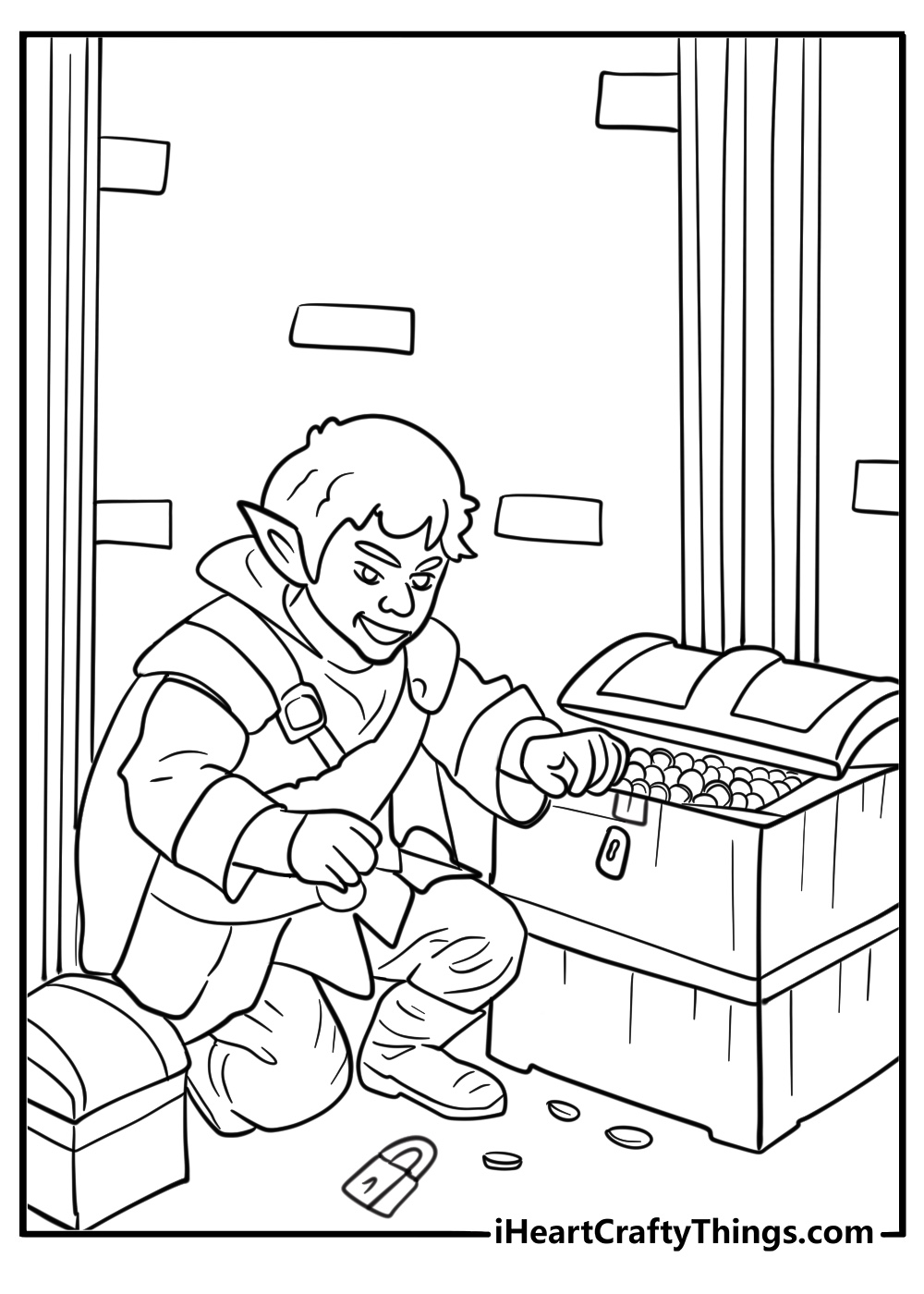 Halfling thief picking a lock on a treasure chest coloring page