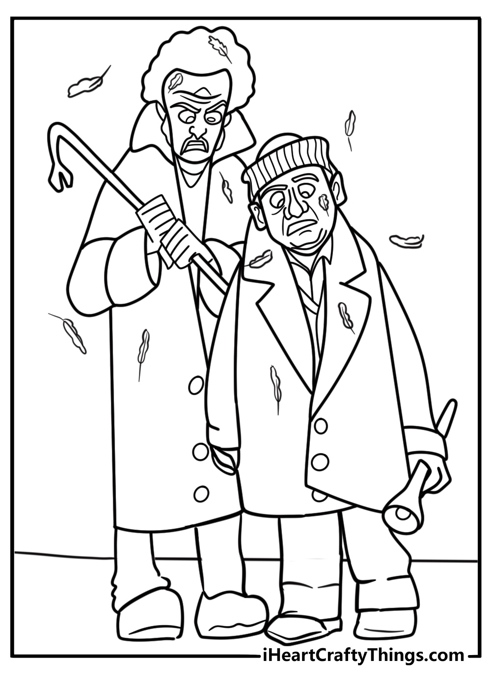 Harry and Marv caught in feathers and glue trap coloring page