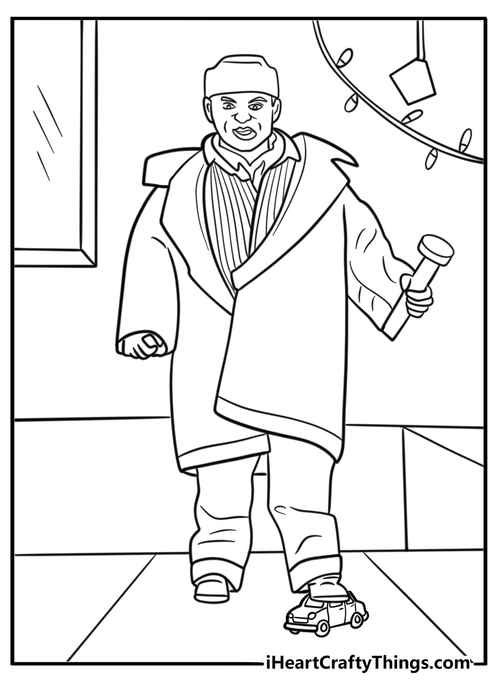 Harry stepping on toy cars in the hallway coloring sheet