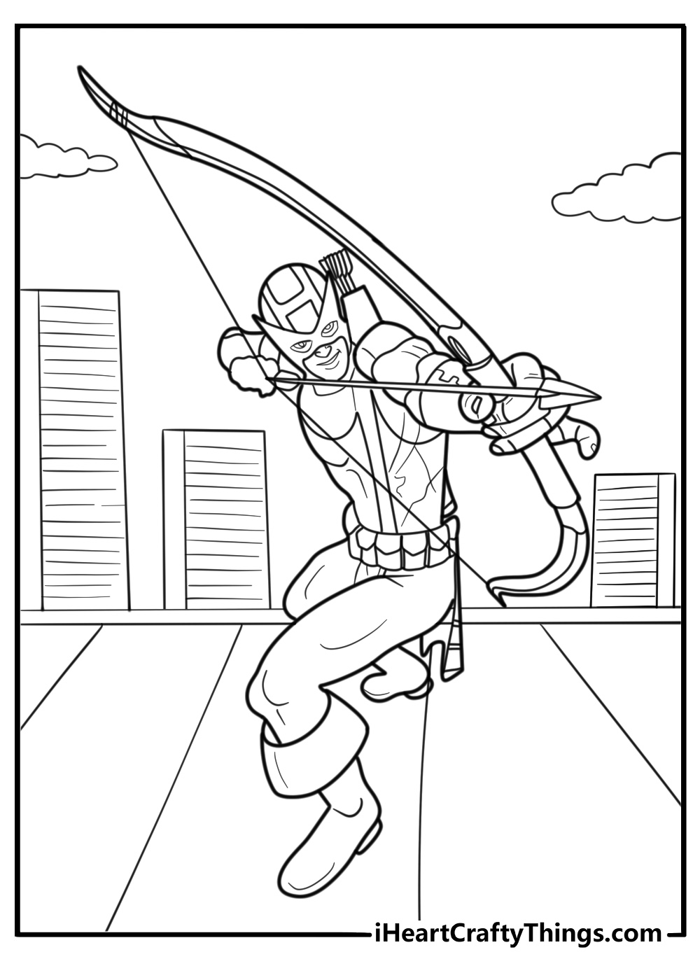 Hawkeye aiming his bow coloring page for kids