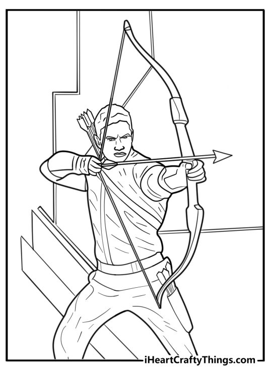Hawkeye in alley with stealth arrow coloring page