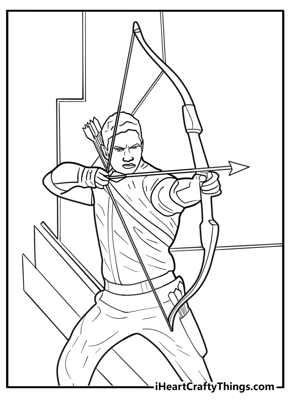 Hawkeye in alley with stealth arrow coloring page