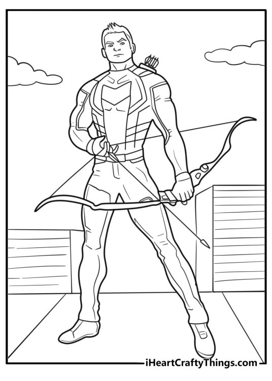 Hawkeye in rooftop scene with bow fun coloring sheet