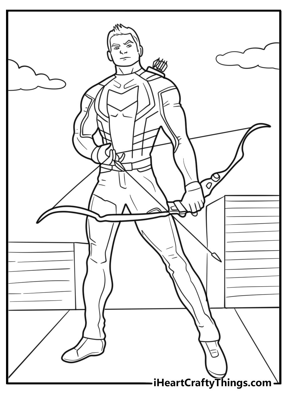 Hawkeye in rooftop scene with bow fun coloring sheet