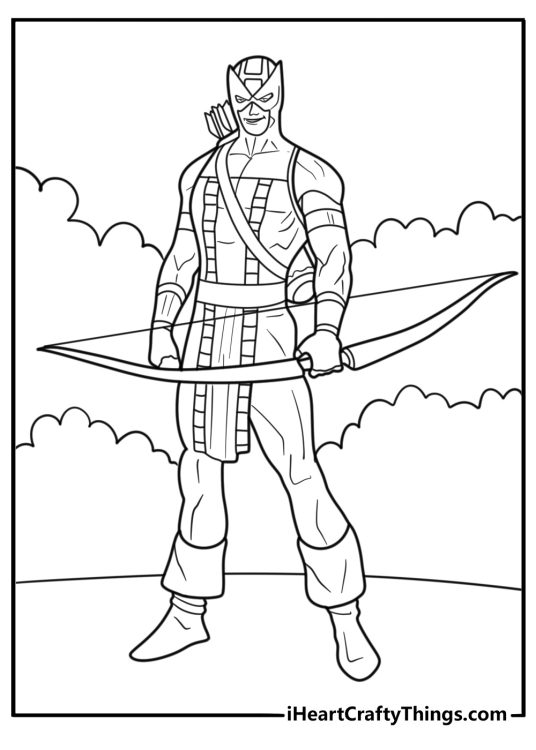 Hawkeye in tactical suit with quiver printable coloring sheet