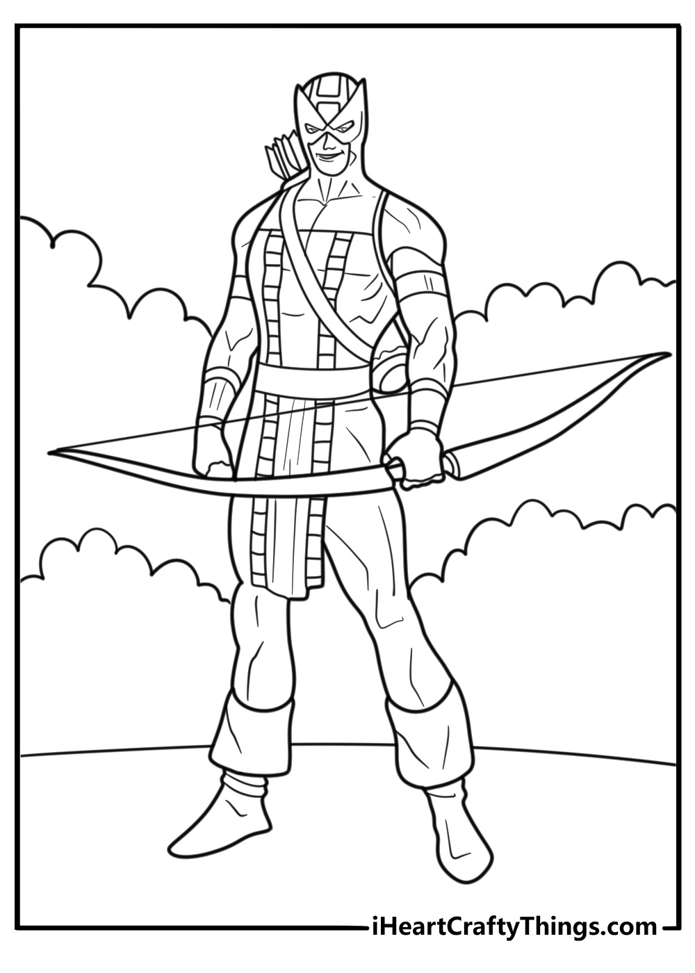 Hawkeye in tactical suit with quiver printable coloring sheet