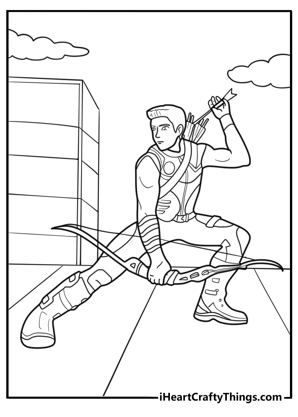 Hawkeye loading an arrow from his back free coloring page PDF