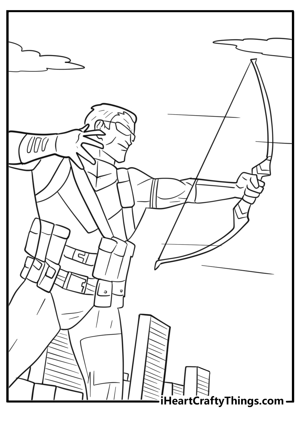 Hawkeye on a city street with bow free printable coloring page