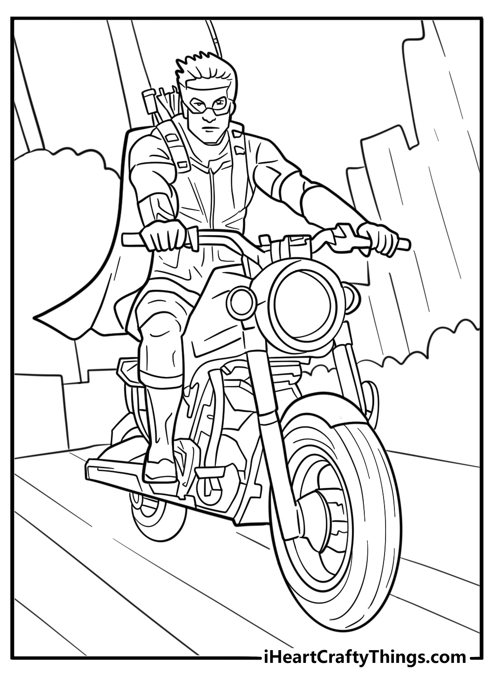 Hawkeye riding a motorcycle coloring sheet