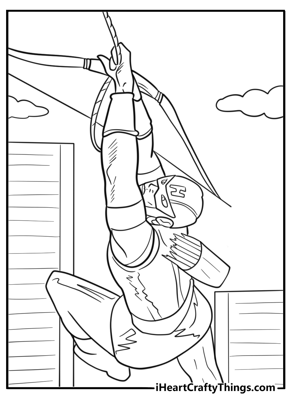 Hawkeye running through traffic with bow printable coloring sheet