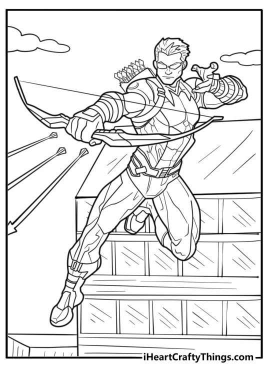 Hawkeye shooting multiple arrows at once free coloring page PDF