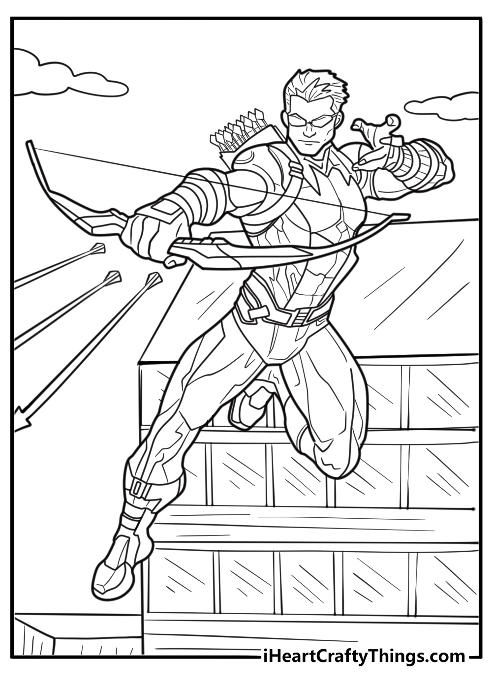 Hawkeye shooting multiple arrows at once free coloring page PDF
